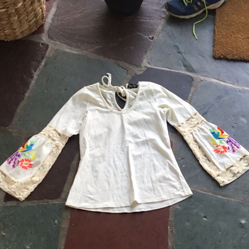 Embroidered bell sleeve top